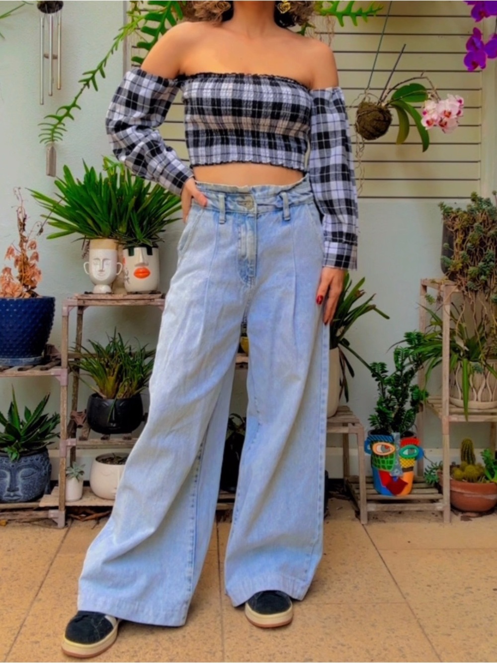 Reverse brand - buffalo plaid long sleeve ribbed croptop